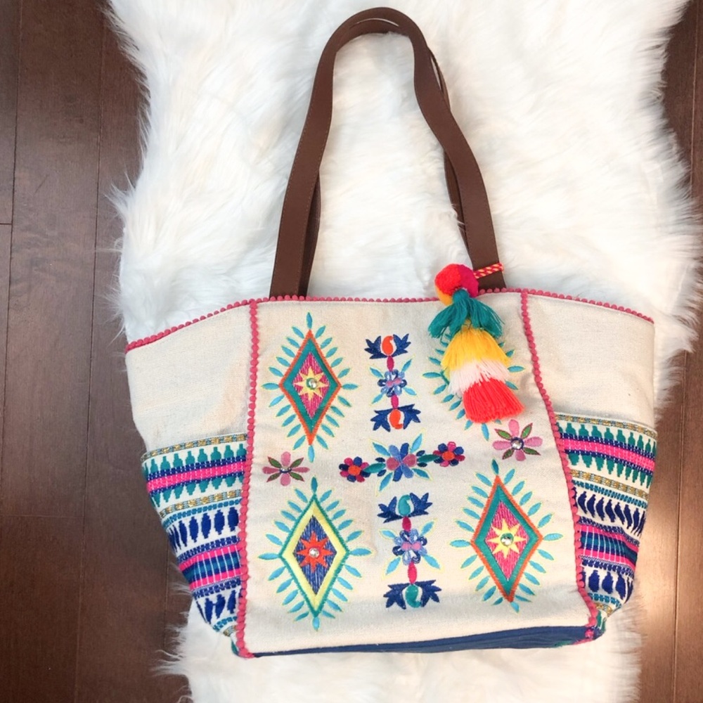 Steve Madden Tribal Embroidered Design Tote, With Tassel And Pompoms